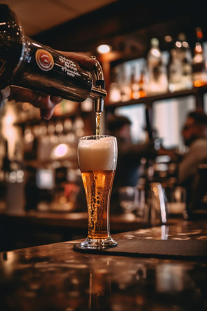 Pouring beer into a pint at the bar counter in a pubの素材