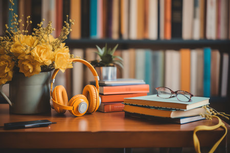 Books and headphones on table in library, education and learning concept.の素材