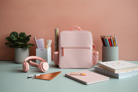 Pink backpack with stationery on table in room. Back to school conceptの素材