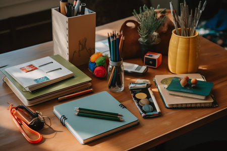 Close-up of stationery on wooden table in office. Back to school conceptの素材