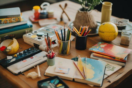 Close-up of an artist's desk with pencils, paints and other toolsの素材