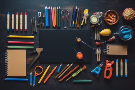 School supplies on a blackboard background. Back to school concept.の素材