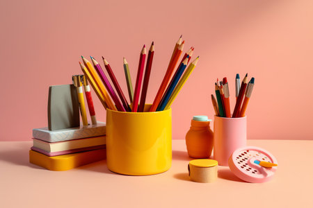 Colorful pencils in a yellow cup and stationery on a pink backgroundの素材