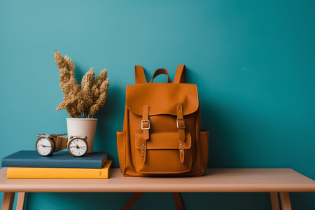 School backpack, books and alarm clock on a wooden shelf. 3d renderingの素材