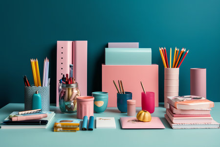Stationery on a blue background. School supplies. Back to school.の素材