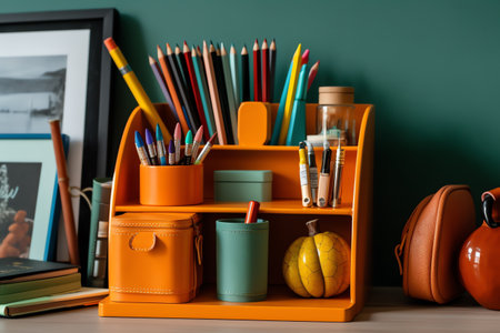 Colorful stationery on shelf in classroom. Back to school conceptの素材