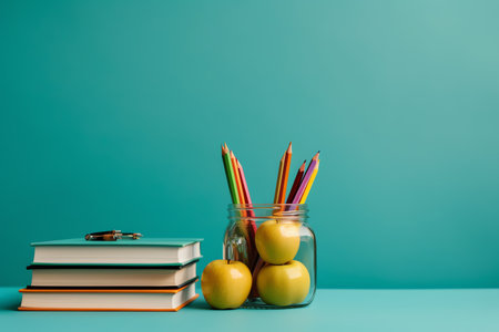 school supplies in glass jar with apple and pencils on blue backgroundの素材