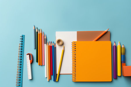 Top view of colorful school supplies on blue background. Back to school conceptの素材