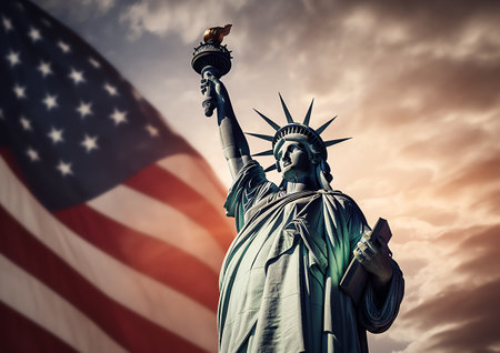 Statue of Liberty in New York City, USA. American flag background.の素材
