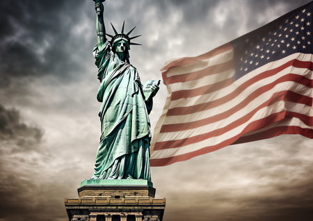 Statue of Liberty with American Flag, New York City, USAの素材