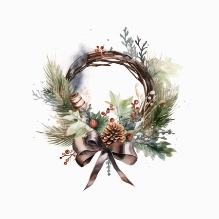 Watercolor Christmas wreath with fir branches and pine cones. Hand painted illustration isolated on white backgroundのイラスト素材