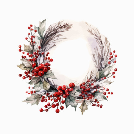 Watercolor Christmas wreath with holly berries. Hand drawn illustrationのイラスト素材