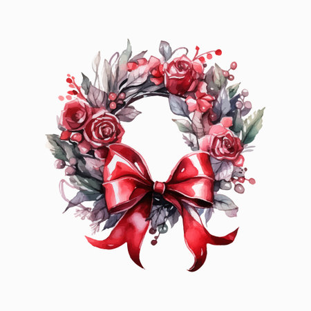 Watercolor Christmas wreath with red bow. Hand painted illustration isolated on white backgroundのイラスト素材