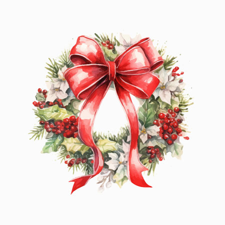 Christmas wreath with red bow. Hand drawn watercolor illustration.のイラスト素材