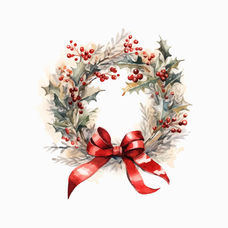 Watercolor Christmas wreath with red bow and holly berries.のイラスト素材