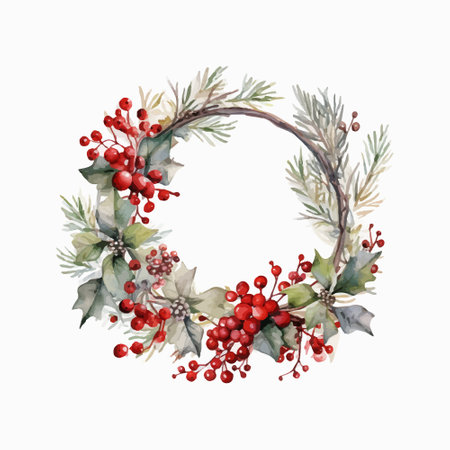 Watercolor Christmas wreath with holly, mistletoe and berries. Hand painted illustration isolated on white backgroundのイラスト素材