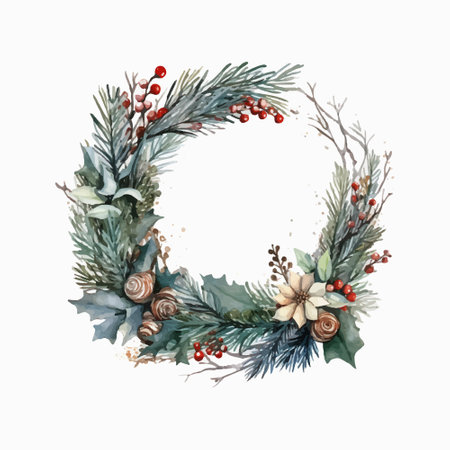 Watercolor Christmas wreath with holly berries, pine cones and fir branches. Hand painted illustration isolated on white backgroundのイラスト素材