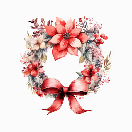 Watercolor Christmas wreath with poinsettia flowers, berries and bow. Hand painted illustration isolated on white backgroundのイラスト素材