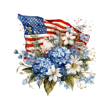 Watercolor bouquet of flowers and American flag on a white backgroundのイラスト素材