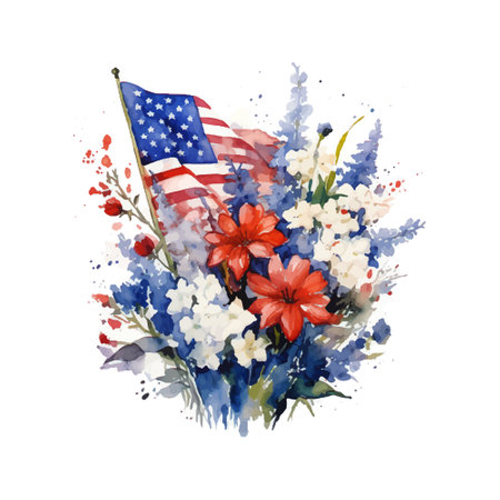 Watercolor illustration of a bouquet of flowers and an American flagのイラスト素材