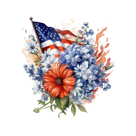 Watercolor illustration of a bouquet of flowers and an American flagのイラスト素材