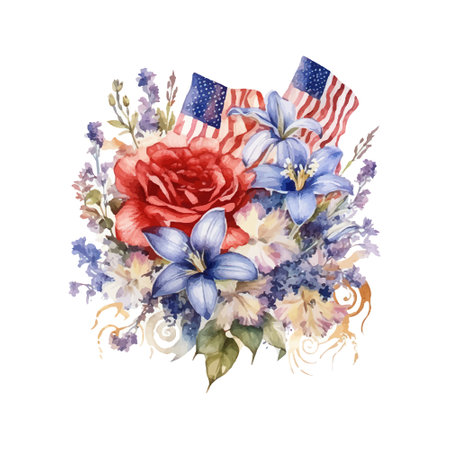 Watercolor bouquet of flowers with american flag on white backgroundのイラスト素材
