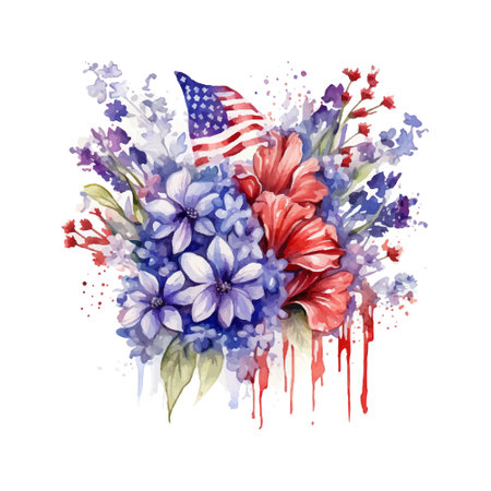 Watercolor bouquet with american flag and flowers on white backgroundのイラスト素材