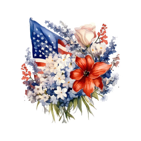 Watercolor bouquet of flowers and american flag on white backgroundのイラスト素材