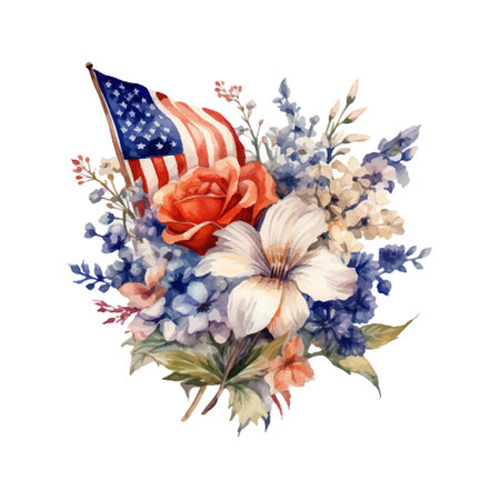 Watercolor floral bouquet with american flag, flowers and leavesのイラスト素材