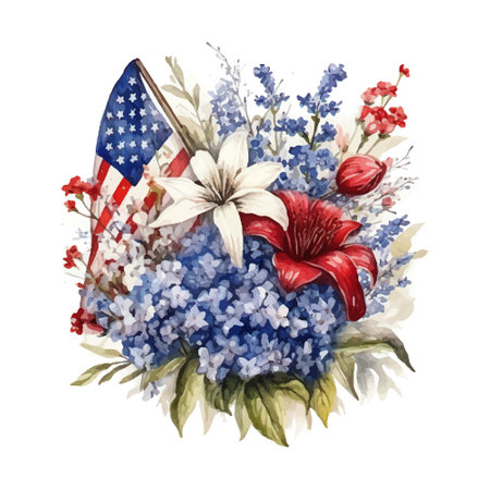Watercolor illustration of a bouquet of flowers and an American flagのイラスト素材