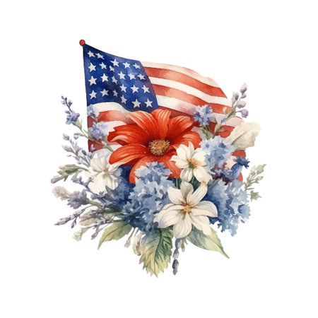 Watercolor American flag with flowers. Hand painted illustration isolated on white backgroundのイラスト素材