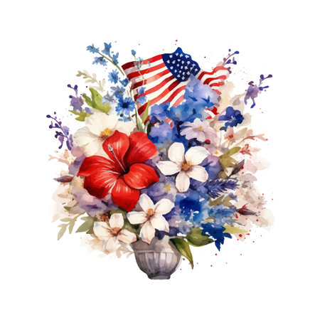 Bouquet of flowers with american flag, watercolor illustrationのイラスト素材