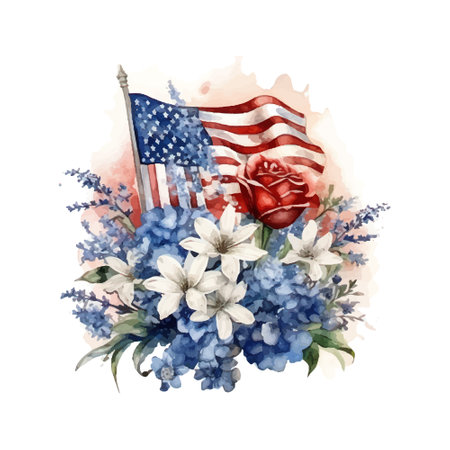 Watercolor bouquet of flowers and american flag on white backgroundのイラスト素材