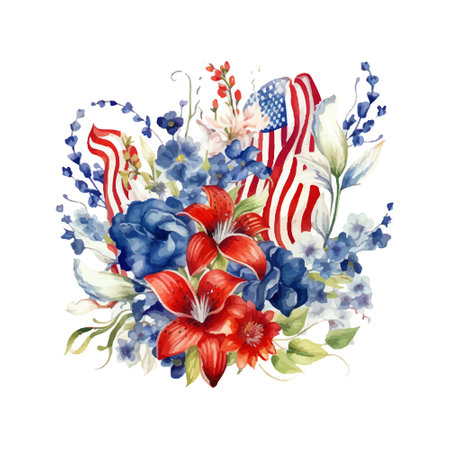 Beautiful vector image with nice watercolor combination of American flag and flowersのイラスト素材
