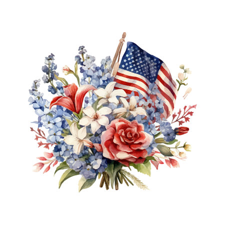 Watercolor floral bouquet with american flag, flowers and leavesのイラスト素材