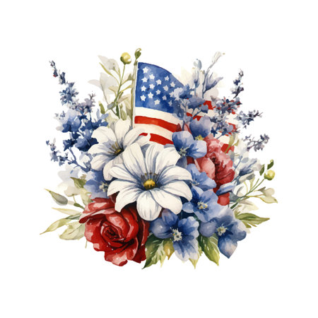 Watercolor bouquet of flowers and American flag on white background.のイラスト素材