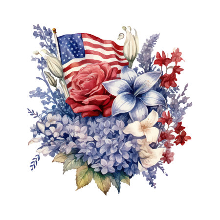 Watercolor floral bouquet with american flag and flowers. Hand painted illustrationのイラスト素材