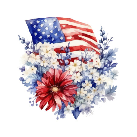 Watercolor american flag and flowers. Hand painted illustration isolated on white backgroundのイラスト素材