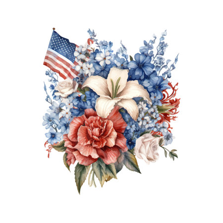 Watercolor illustration of a bouquet of flowers with an American flagのイラスト素材