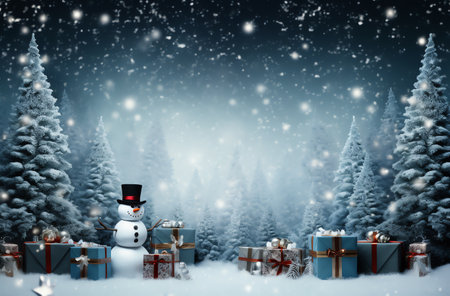 Snowman with gift boxes in snowy forest. Christmas and New Year background.の素材