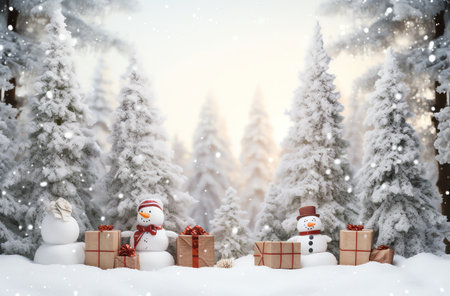 Snowman with gift boxes in winter forest. Christmas and New Year backgroundの素材