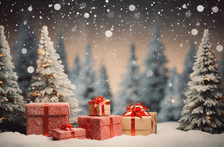 Christmas and New Year holidays background. Festive winter landscape with fir trees and gift boxes on snow.の素材