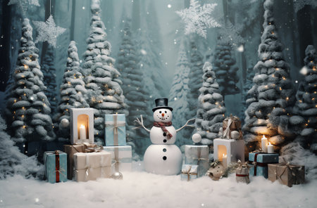Snowman with christmas gifts and candles in snowy forest. Christmas background.の素材