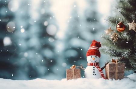 Snowman with gift boxes and christmas tree on winter background.の素材