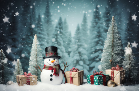 Snowman with Christmas gift boxes on snow. Christmas and New Year background.の素材