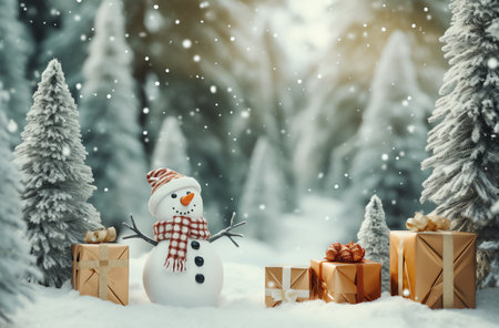 Snowman with gift boxes in winter forest. Christmas and New Year background.の素材