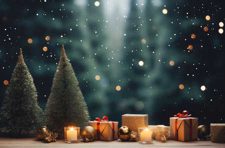 Christmas background with gift boxes, christmas tree and bokeh lightsの素材