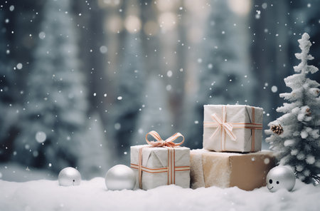 Christmas gift boxes in snow with Christmas tree and snowflakes.の素材