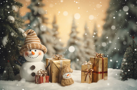 Snowman and gift boxes on snow in winter forest. Christmas background.の素材