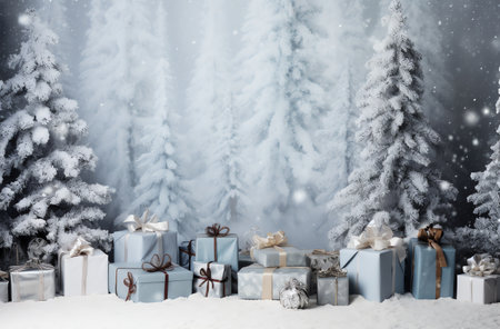 Christmas background with gift boxes and snow covered fir trees. Copy space.の素材